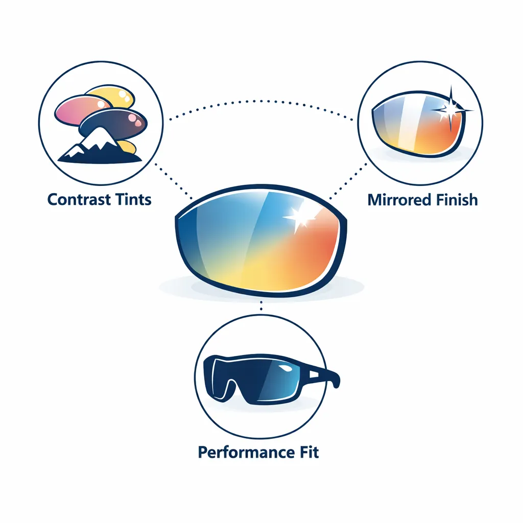 Infographic highlighting LensDirect features like contrast tints, mirrored finishes, and performance fit around a central lens.