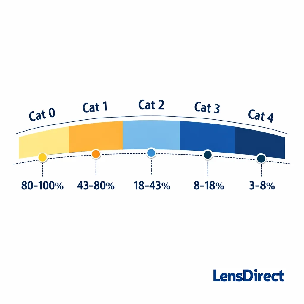 Minimalist gauge chart showing VLT categories 0 to 4 with percentage ranges for sunglasses lens darkness.