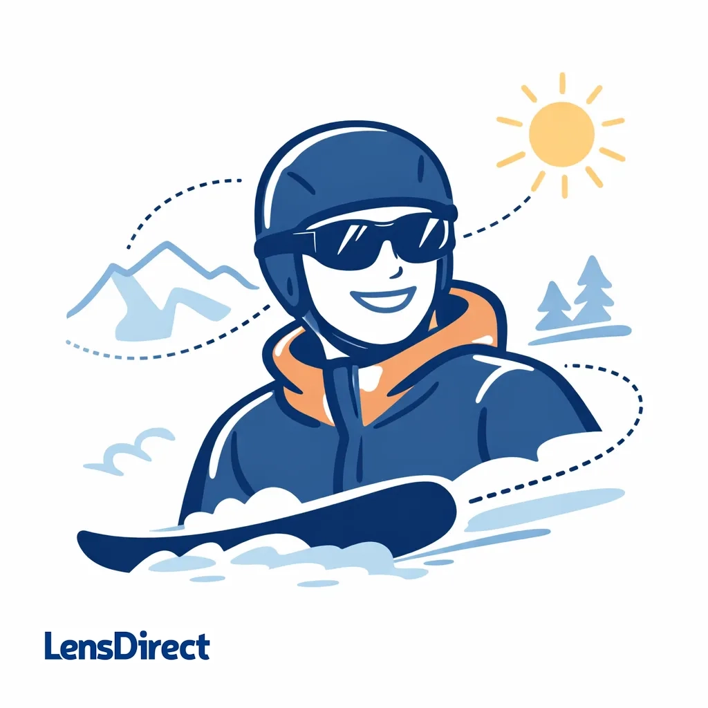 Illustration of a snowboarder enjoying a comfortable ride with performance sunglasses, suggesting all-day wear.