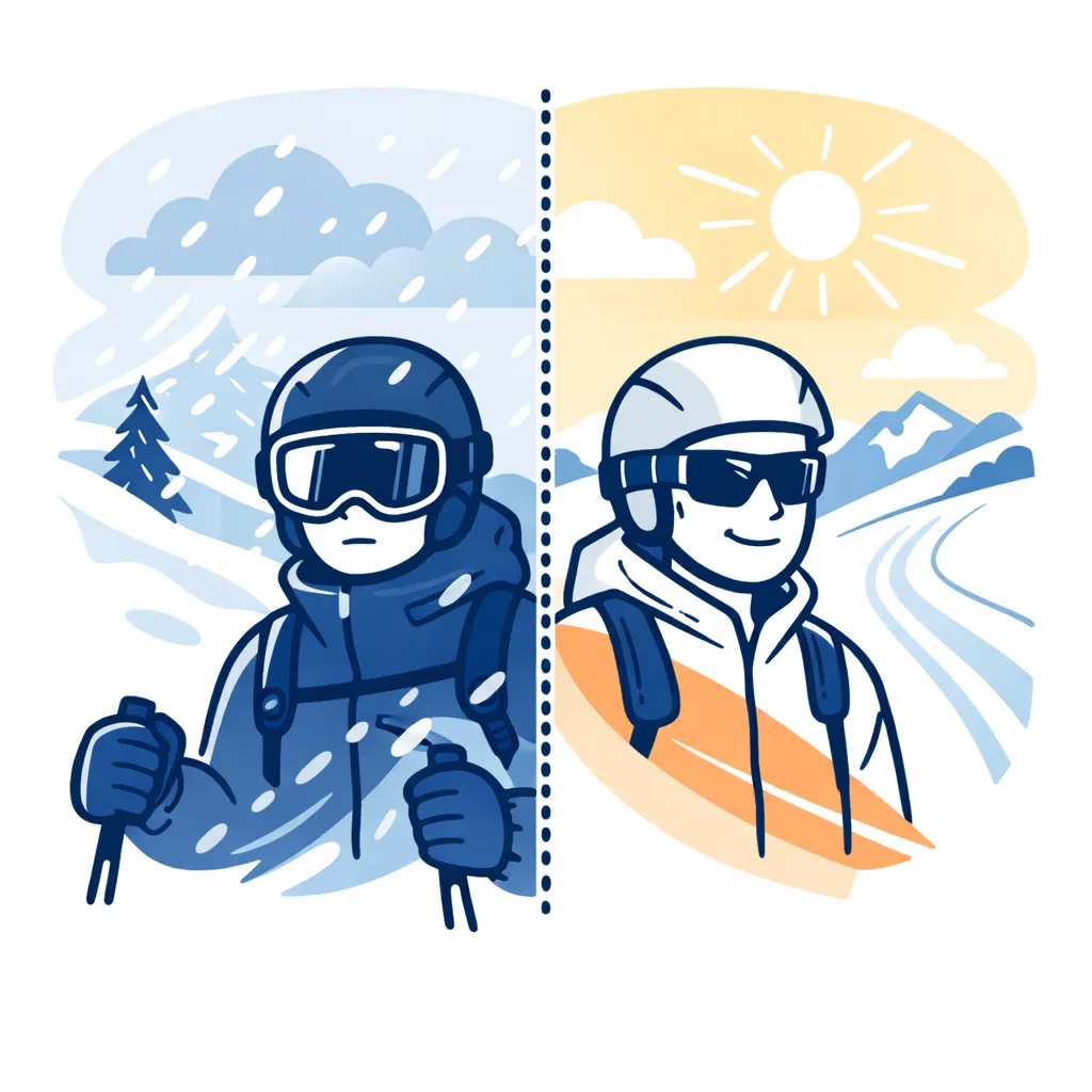 Split-screen illustration comparing goggles for stormy conditions on one side and sunglasses for sunny ski days on the other.