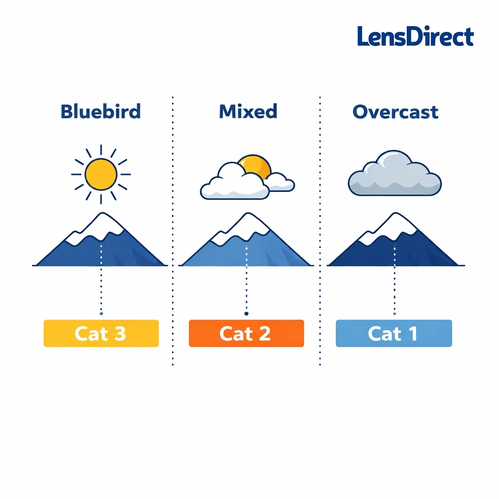 Infographic summarizing VLT ranges for bluebird, mixed, and overcast mountain conditions using minimalist icons and color-coded bars.