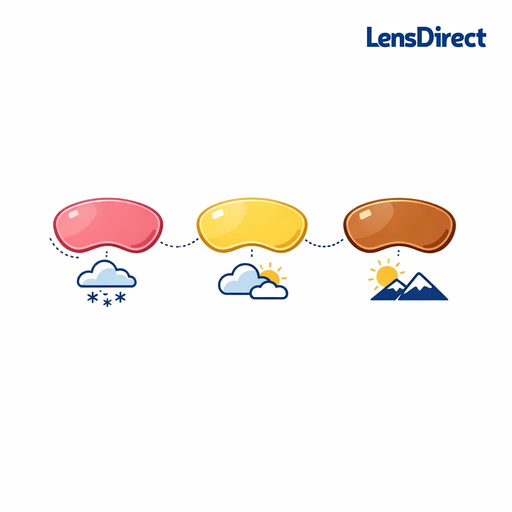Infographic illustrating three contrast-enhancing lens tints—rose, yellow, and amber—for skiing and snowboarding.