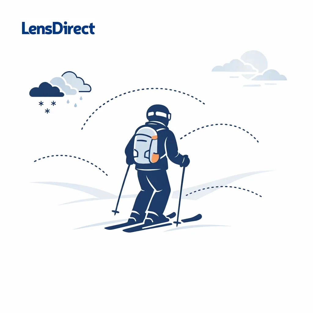Illustration portraying a skier navigating flat light, where snowy terrain lacks contrast and shadows.
