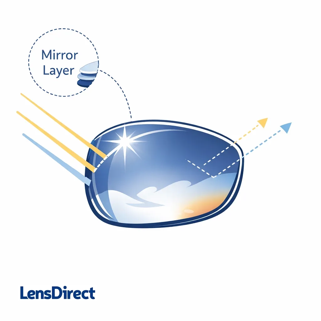 Minimalist drawing of a sunglass lens with a mirror coating reflecting sunlight, illustrating added glare reduction.
