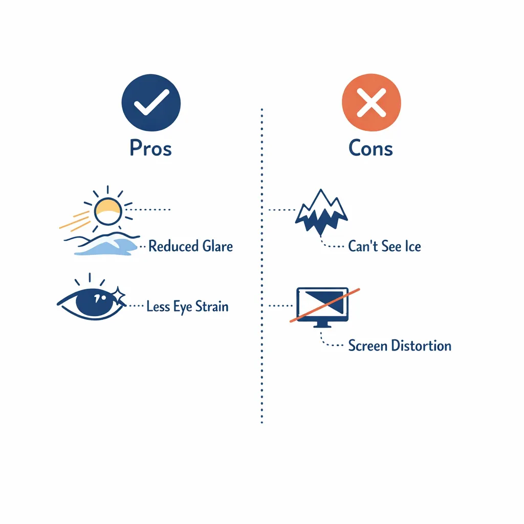 Minimalist two-column infographic showing the pros and cons of polarized lenses for snow sports.