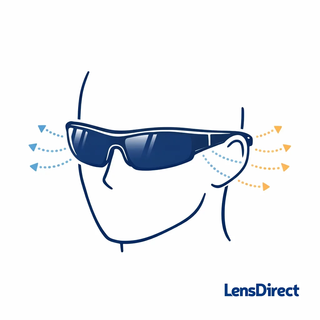 Diagram of wraparound sport sunglasses hugging the face, emphasizing side coverage and wind protection.