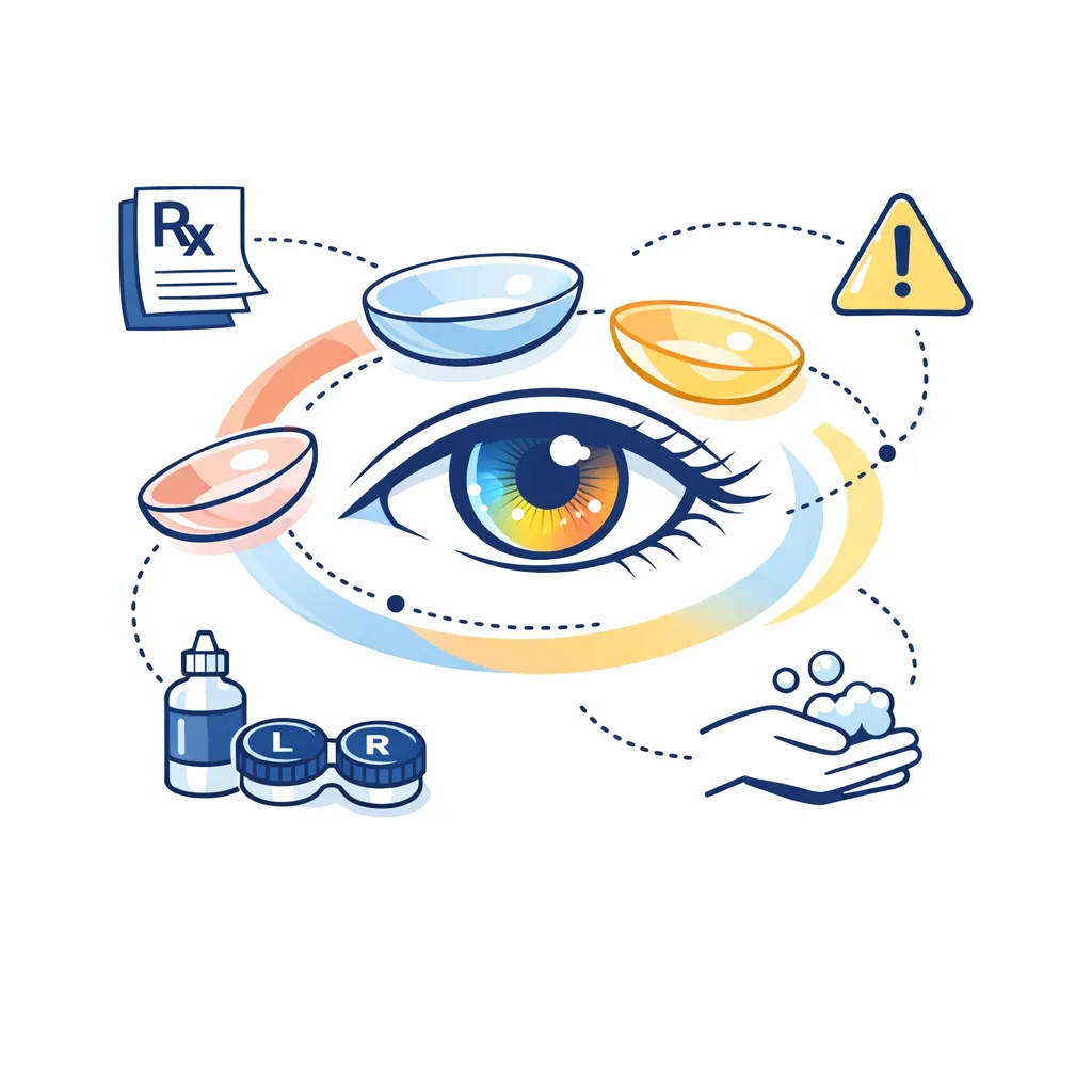 Central eye surrounded by colored contact lenses, prescription symbols, caution icons, and hygiene icons, connected with dotted lines.