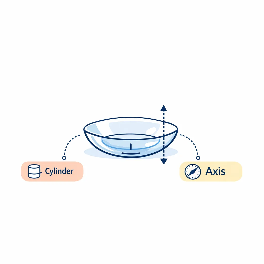 Toric contact lens with orientation marks and dotted-line connections to cylinder and axis labels for astigmatism.