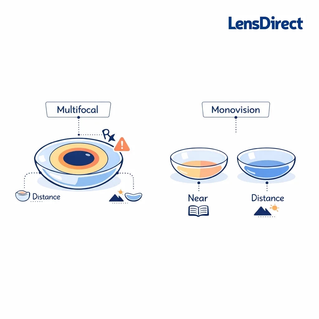 Diagram of multifocal colored contact lens with near and distance rings alongside monovision lenses for near and distance.