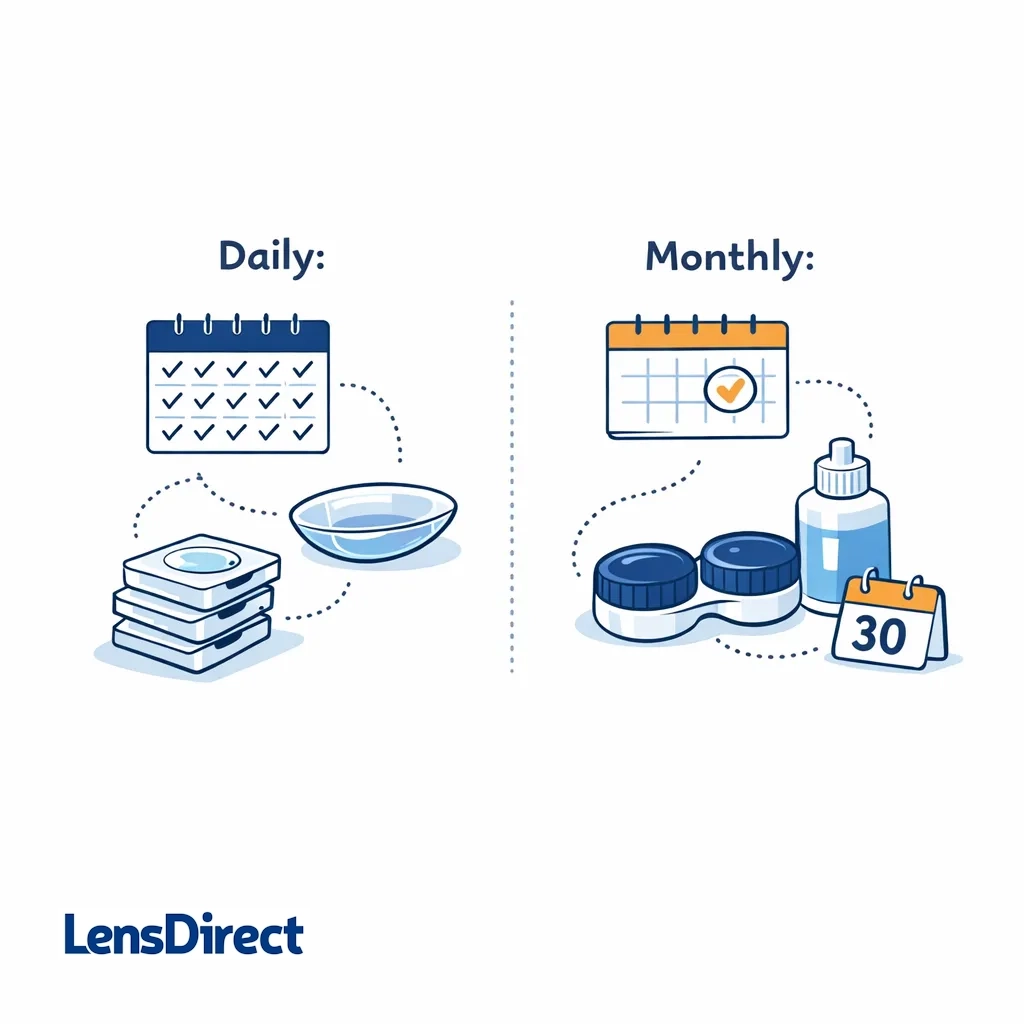 Comparison of daily disposable lenses with a calendar of daily checkmarks and monthly lenses with solution and monthly calendar.