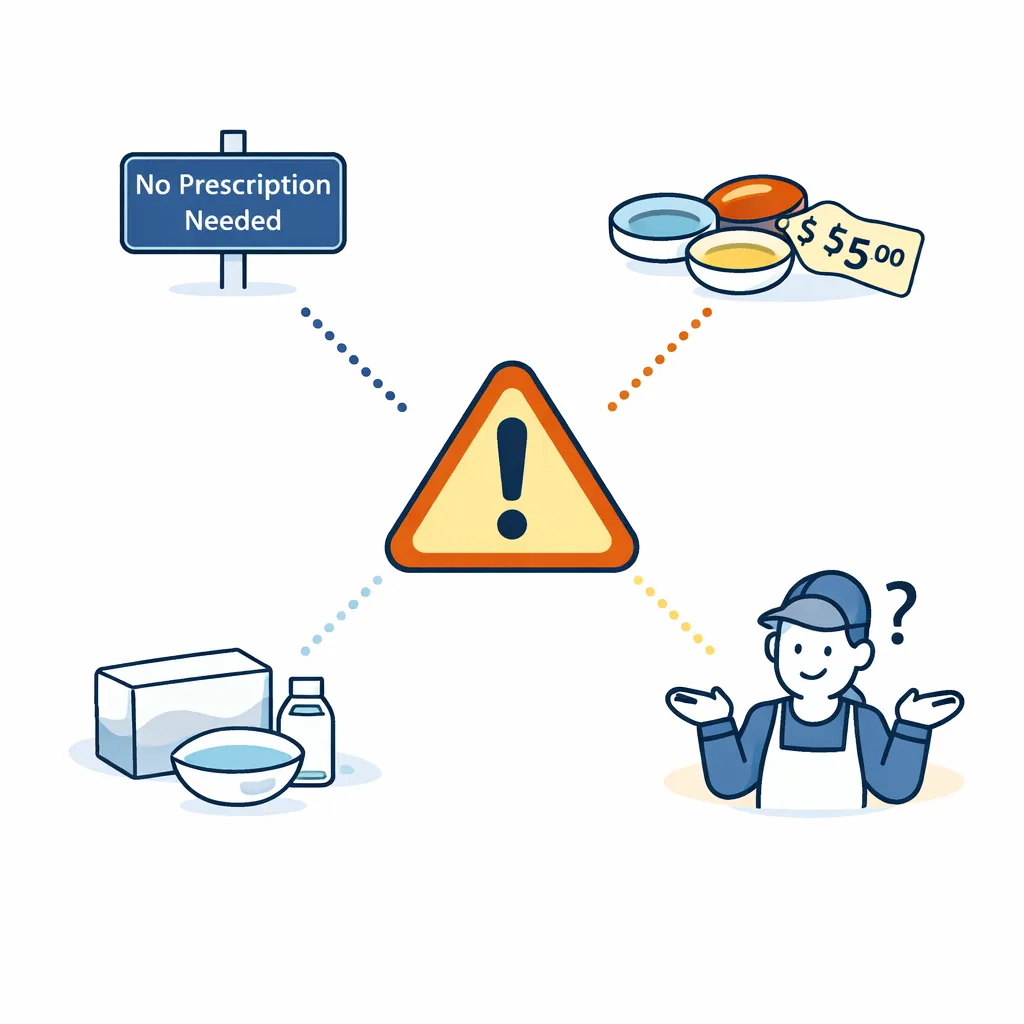 Caution sign surrounded by red flag icons: no prescription needed, cheap costume lenses, unlabeled packaging, and clueless vendor.