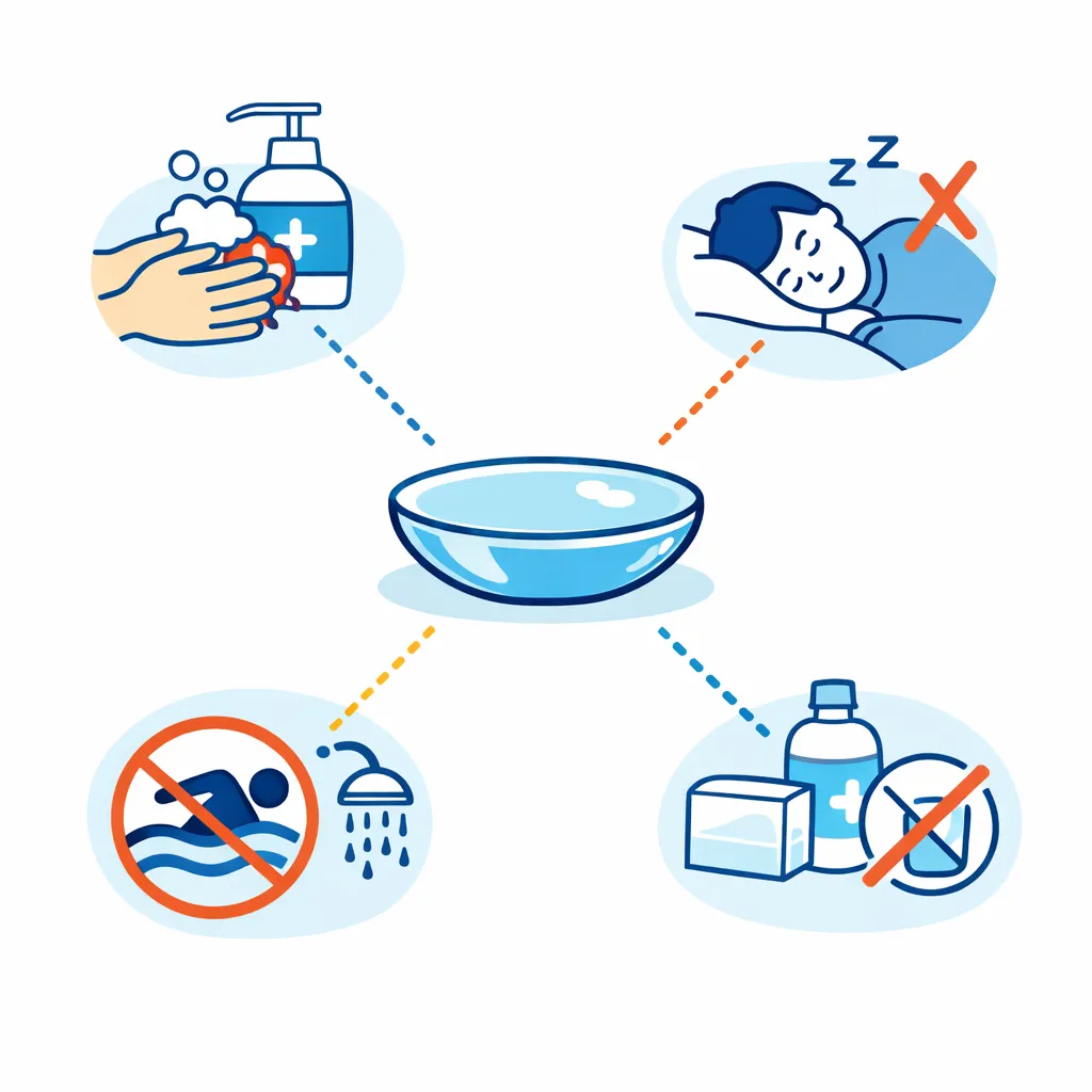 Contact lens connected to icons for washing hands, not sleeping in lenses, avoiding water and swimming, and using proper cleaning solution.