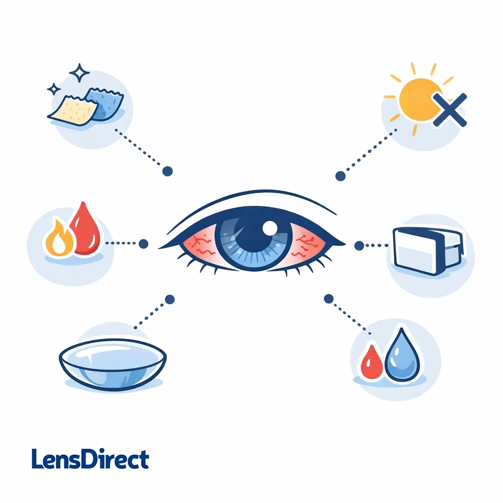 Red eye with dotted connections to icons representing scratchiness, burning, blurred vision, light sensitivity and excessive tearing.
