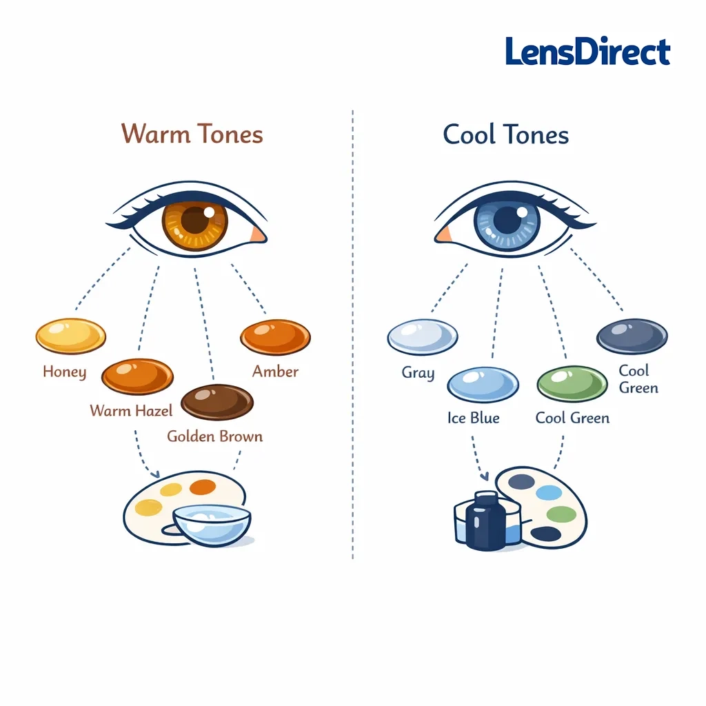 Guide showing warm tone lenses like honey and amber for warm undertones and cool tone lenses like gray and ice blue for cool undertones.