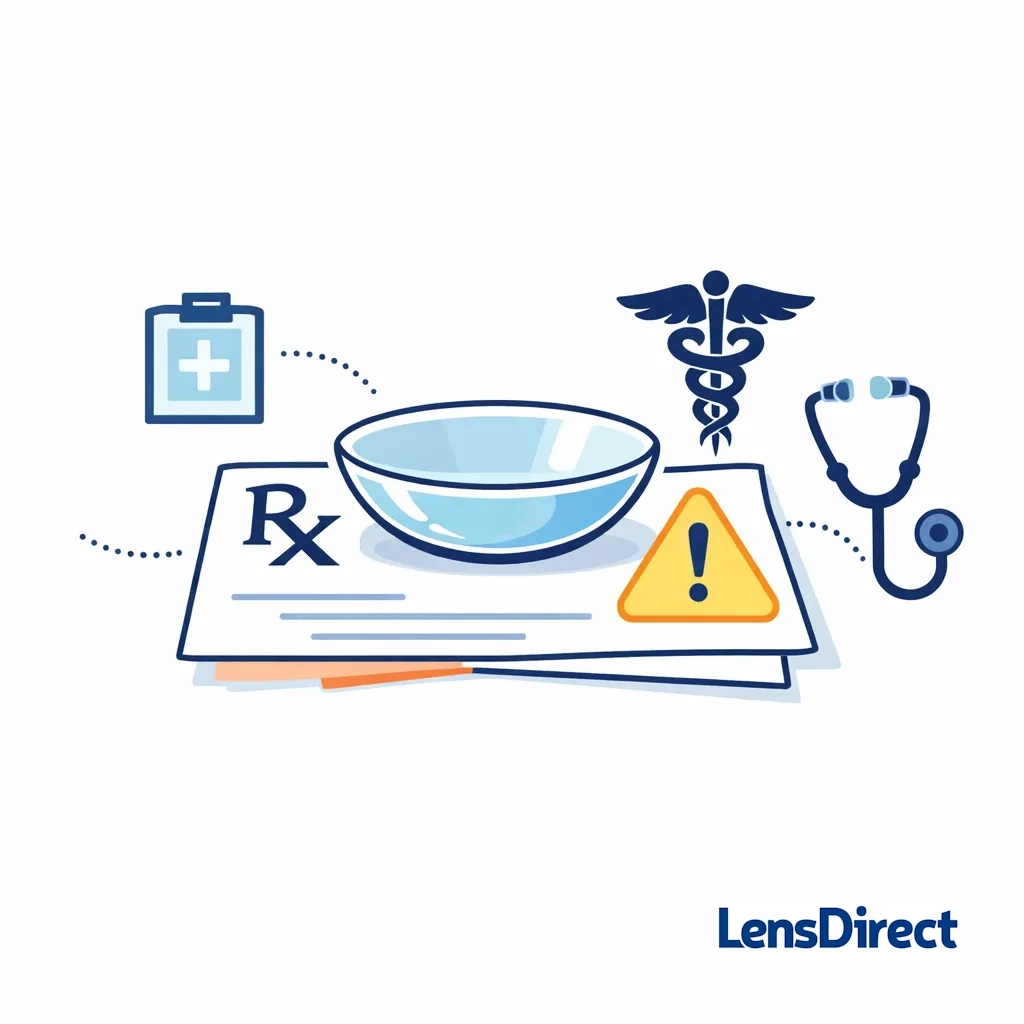 Contact lens resting on prescription paper with medical symbols and a caution sign, emphasizing colored contacts require prescriptions.