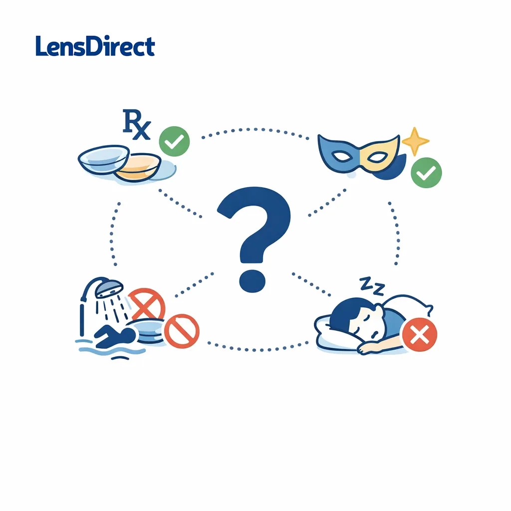 Central question mark connected to icons answering FAQs about prescriptions, cosplay use, avoiding water, and not napping in contacts.