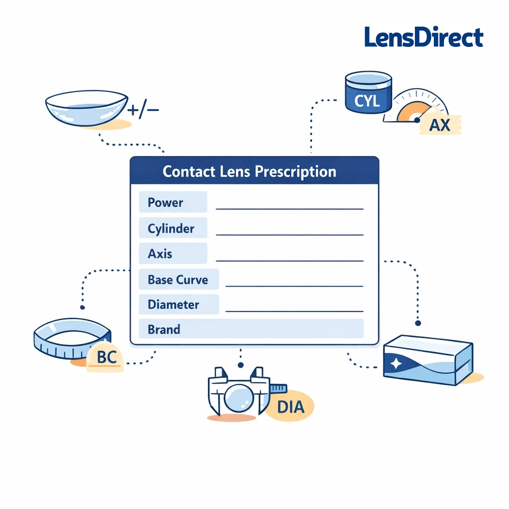 Contact lens prescription chart with fields for power, cylinder, axis, base curve, diameter and brand, connected to measurement icons.