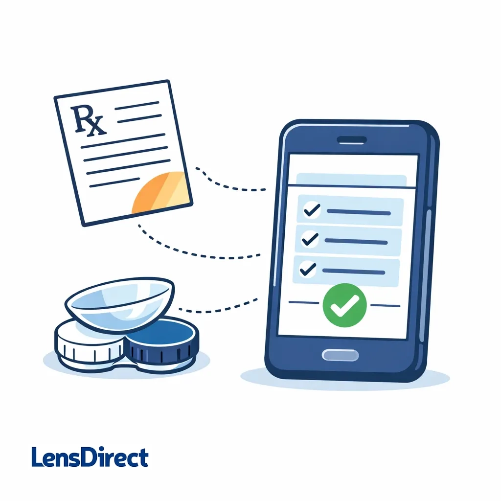 Smartphone verifying a contact lens prescription with dotted-line connections from a prescription slip and contact lens to the phone.