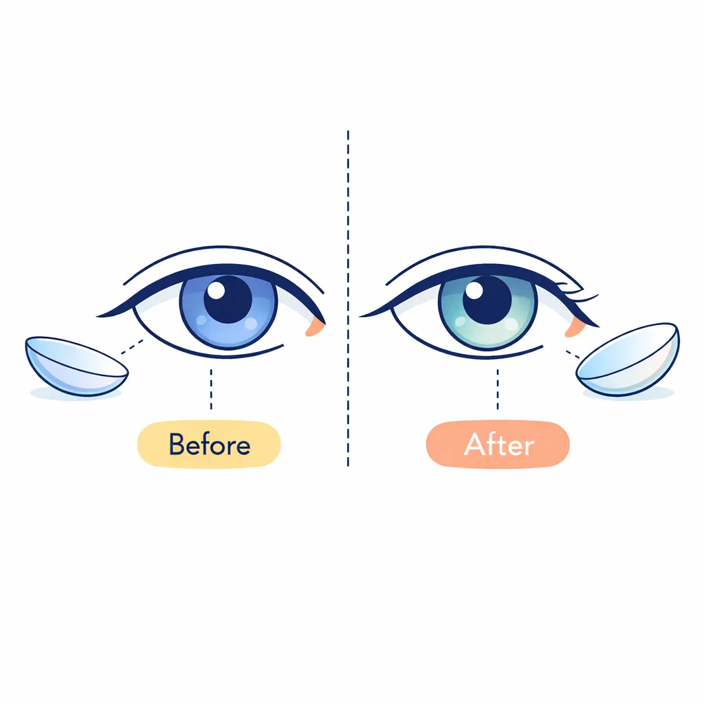 Comparison of a light eye before and after wearing a translucent enhancement tint contact lens, shown side by side.
