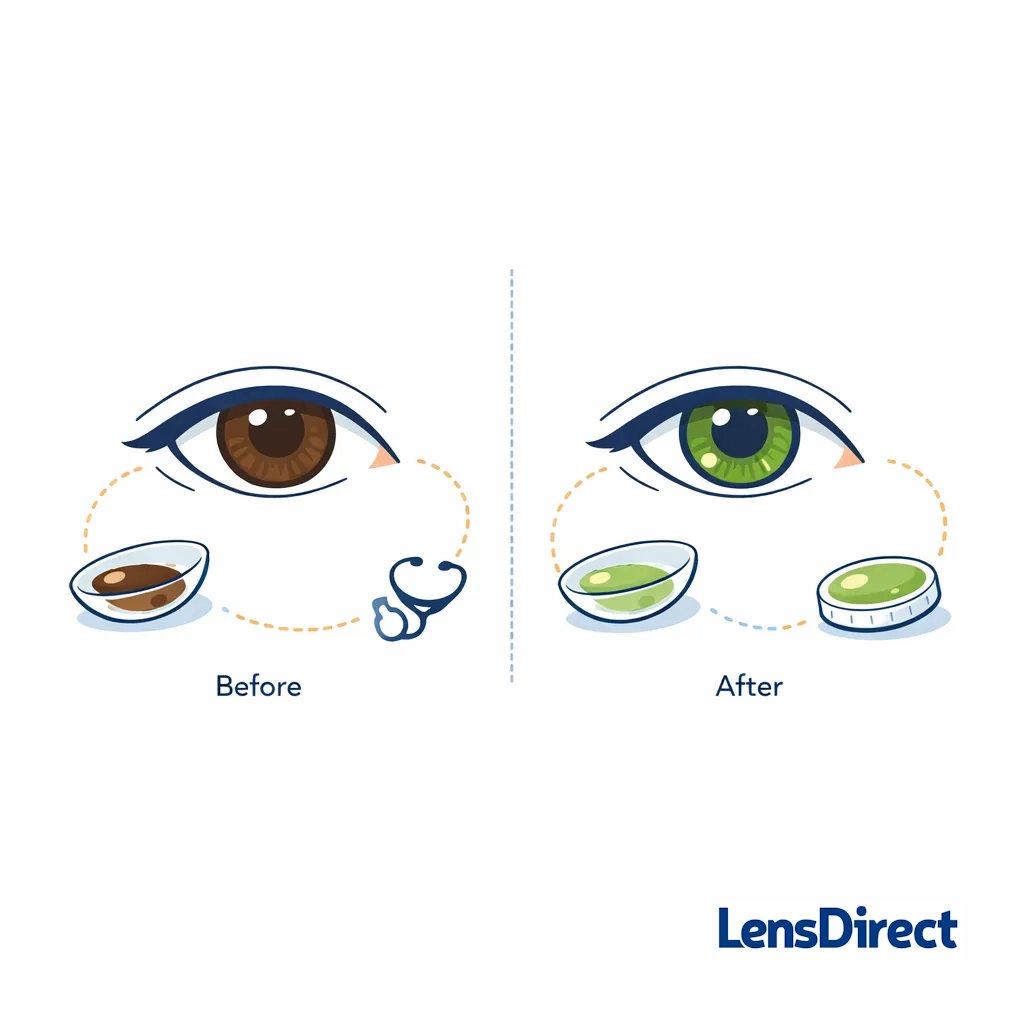 Dark brown eye transformed to vibrant green by opaque tint contact lens in a side-by-side before and after comparison.