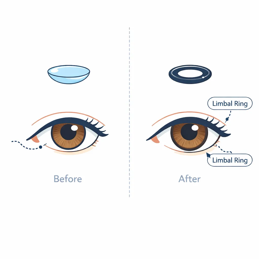 Side-by-side eyes illustrating the natural eye and one wearing a limbal ring lens with a darker iris outline.