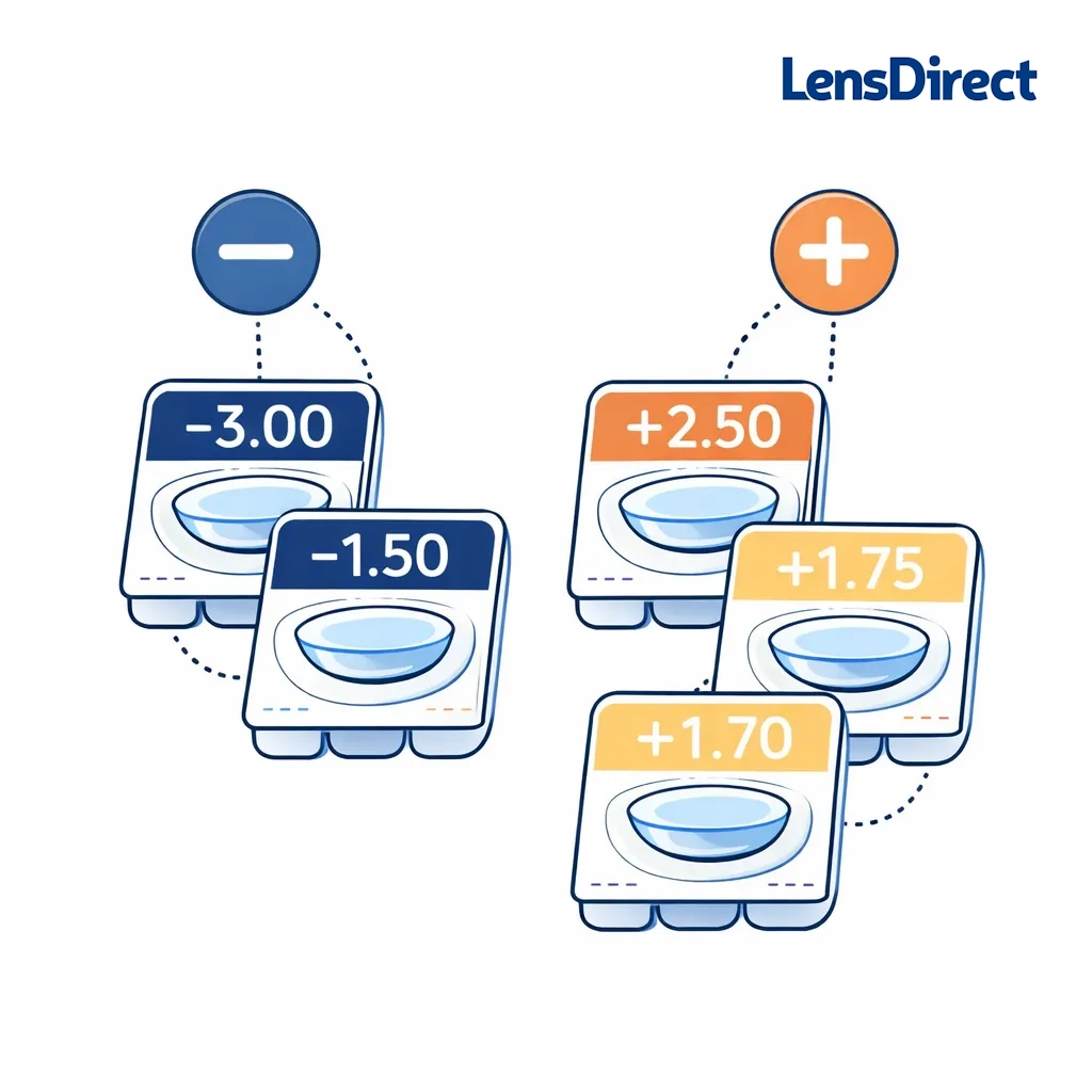 Packages of colored contact lenses labeled with positive and negative sphere powers for nearsighted and farsighted prescriptions.