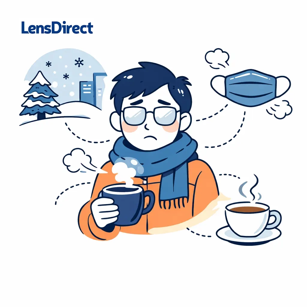 Illustration of a person outside holding a steaming coffee while their glasses fog due to cold air and temperature change.