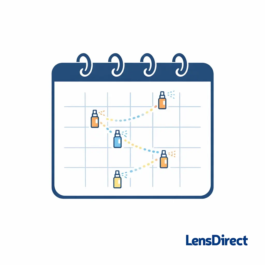 Calendar illustration with spray bottles on multiple days connected by a dotted path for anti fog routine.