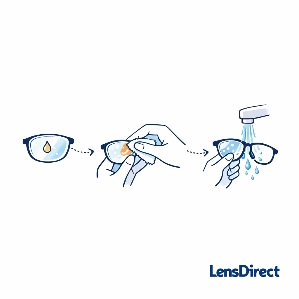 Drops of baby shampoo applied to a lens as a mild anti fog solution with a rinse step.