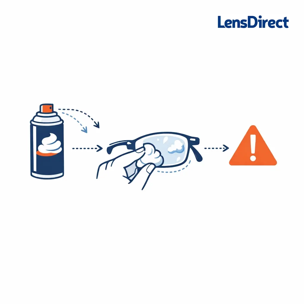 Tiny amount of shaving cream buffed onto a lens with an exclamation symbol to indicate careful use.