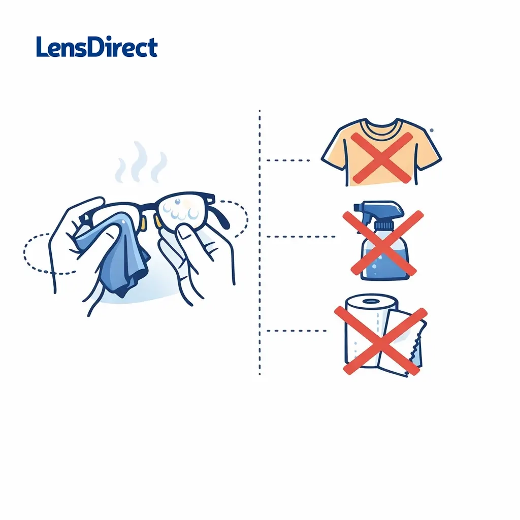 Illustration of microfiber cleaning alongside icons showing a shirt, glass cleaner and paper towel crossed out.