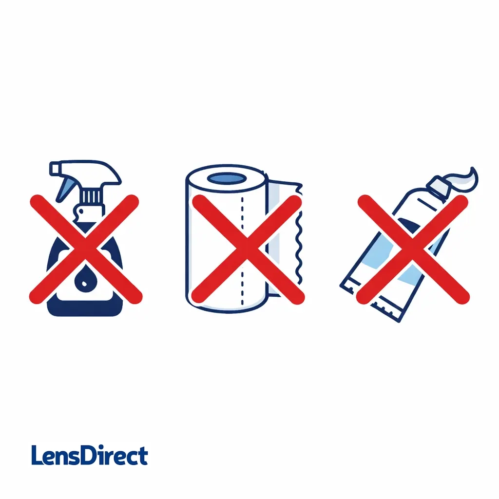Icons of glass cleaner, paper towels, and toothpaste crossed out to show what not to use on lenses.