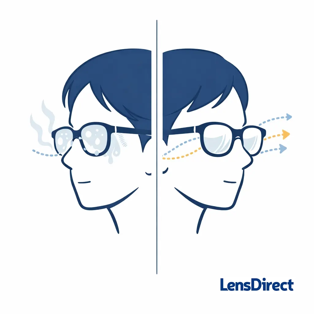 Comparison of tight glasses causing fog versus adjustable frames that allow airflow and stay clear.