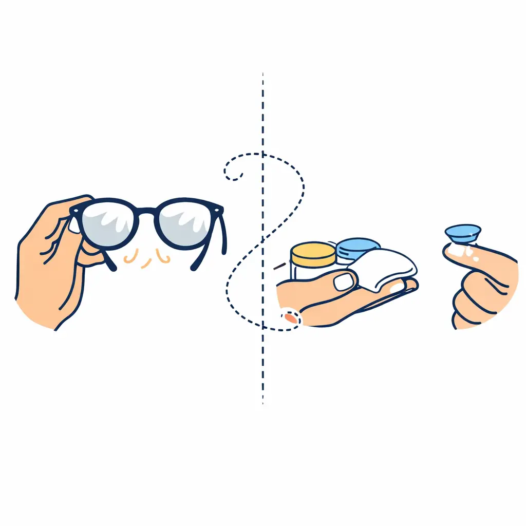Split image of foggy glasses and a contact lens being applied as an alternative for persistent fogging.