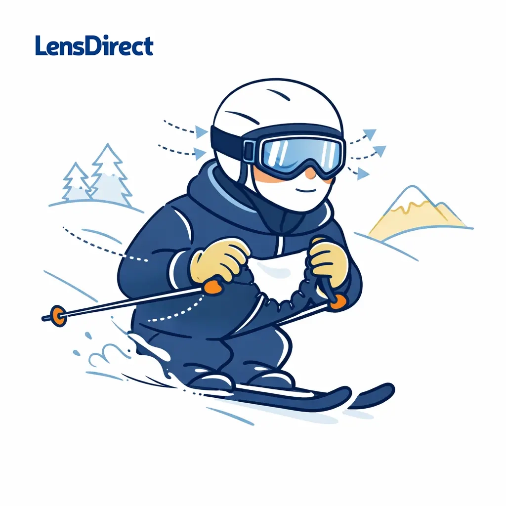 Snow sports enthusiast wearing ventilated goggles with arrows showing airflow to prevent fogging.