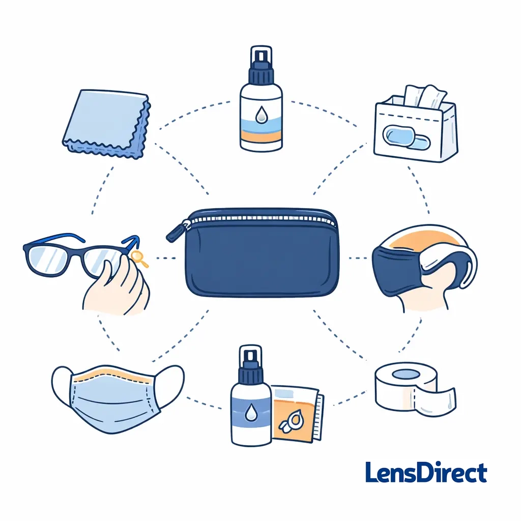 Collection of a microfiber cloth, spray cleaner, wipes, mask with nose wire, and medical tape arranged neatly.