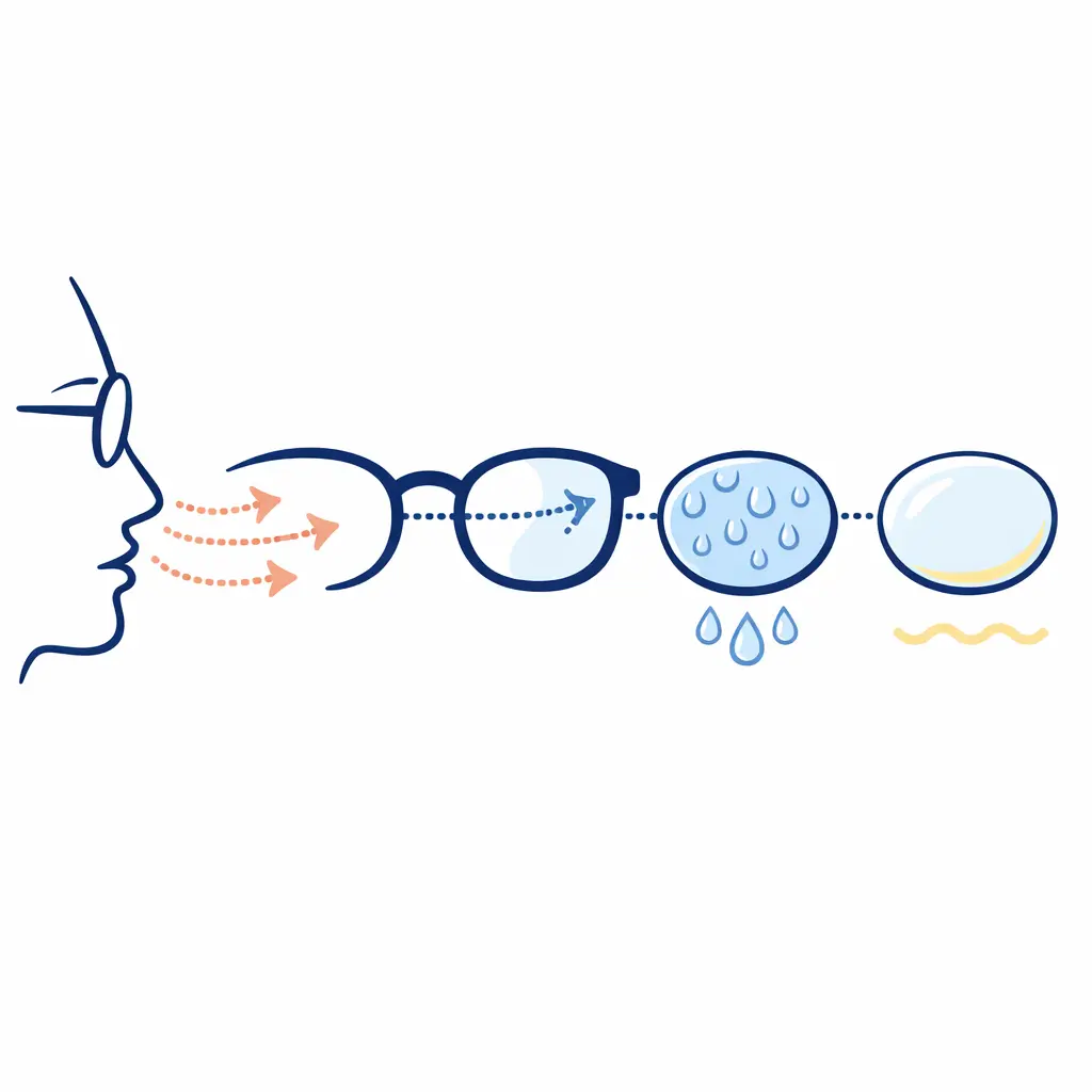 Infographic showing warm breath hitting a cool lens and comparing foggy droplets with a clear thin film on glasses.