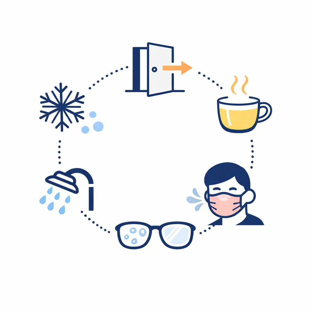 Icons depict cold weather, temperature changes, hot drinks, masks, and humidity as causes of foggy lenses.