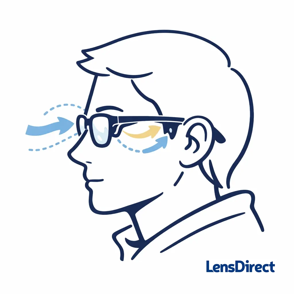 Side profile of glasses positioned away from the face with arrows showing increased ventilation.