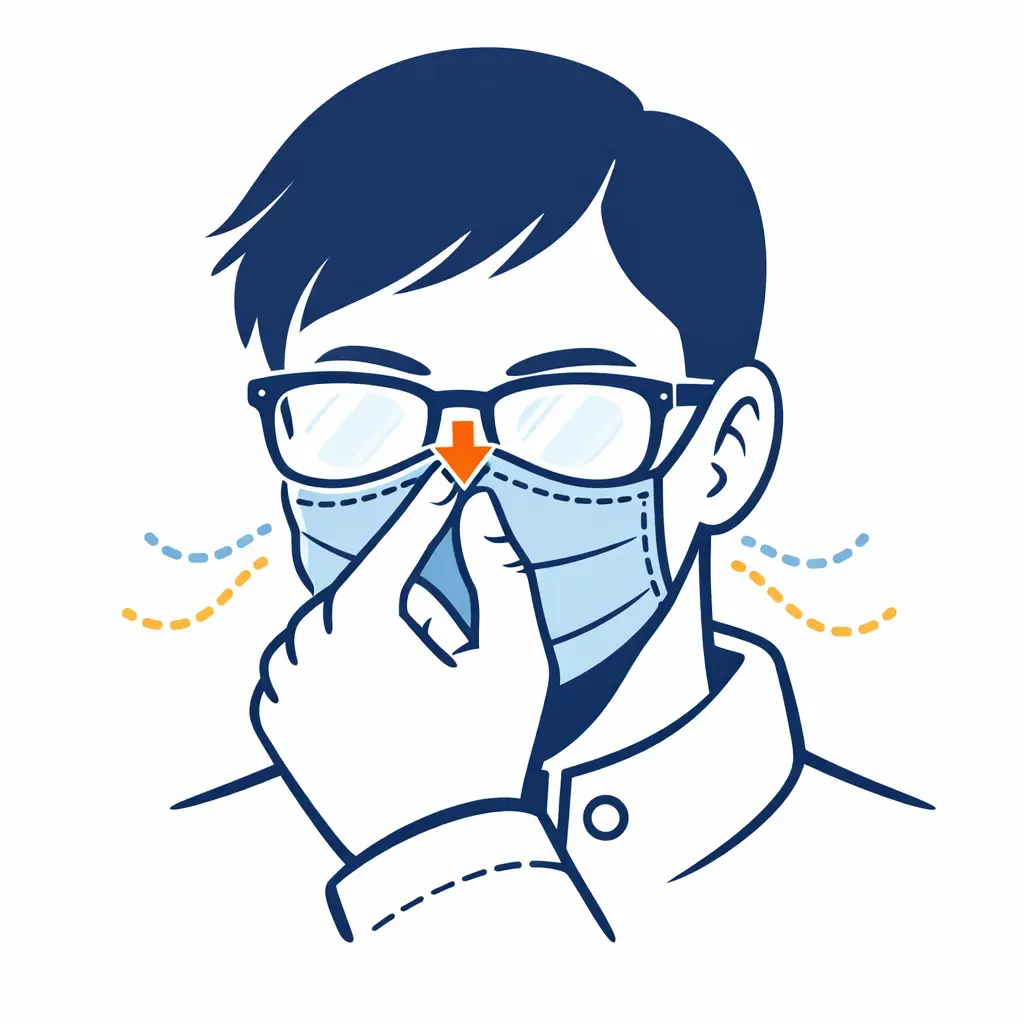 Hands press the nose wire on a face mask to seal it and stop breath from fogging glasses.