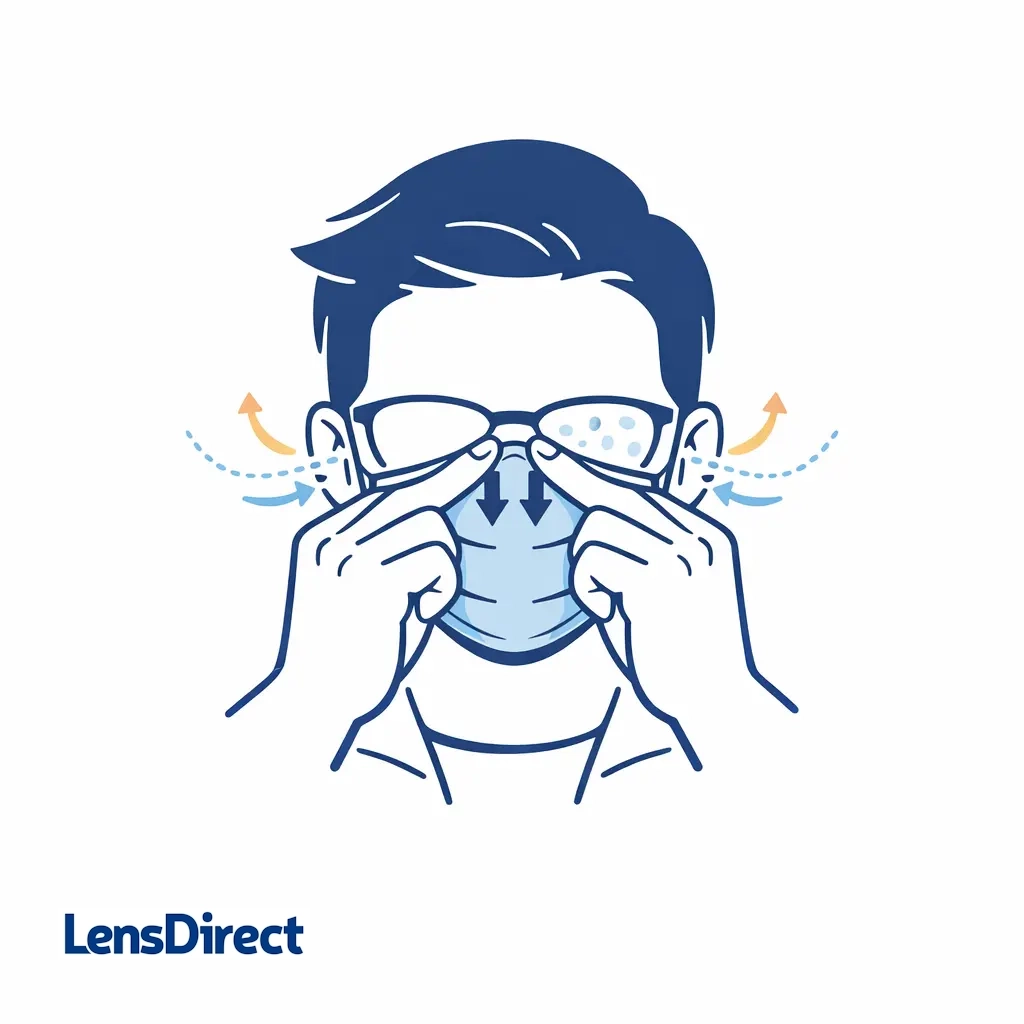 Hands press and secure the top of a mask to block airflow and reduce lens fogging.