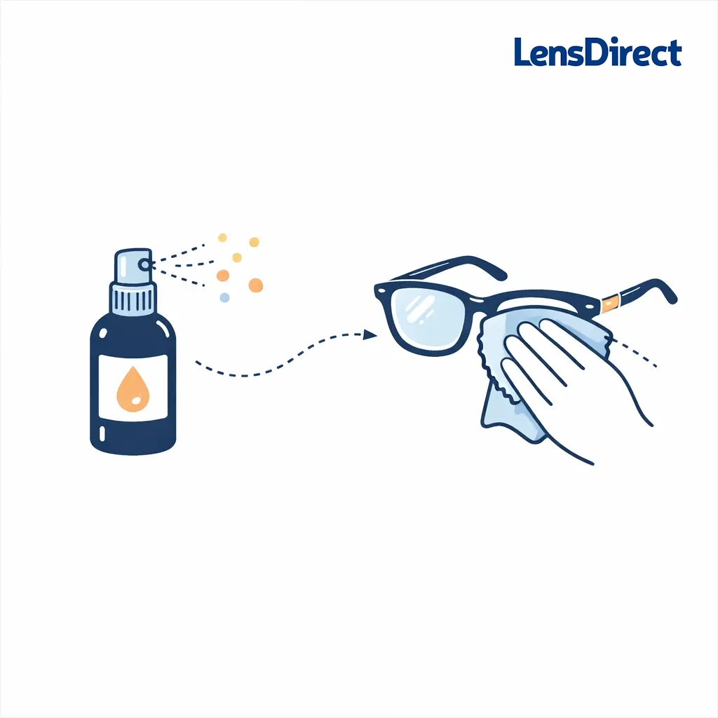 Hand sprays an anti fog solution and wipes eyeglass lenses to create a clear film.