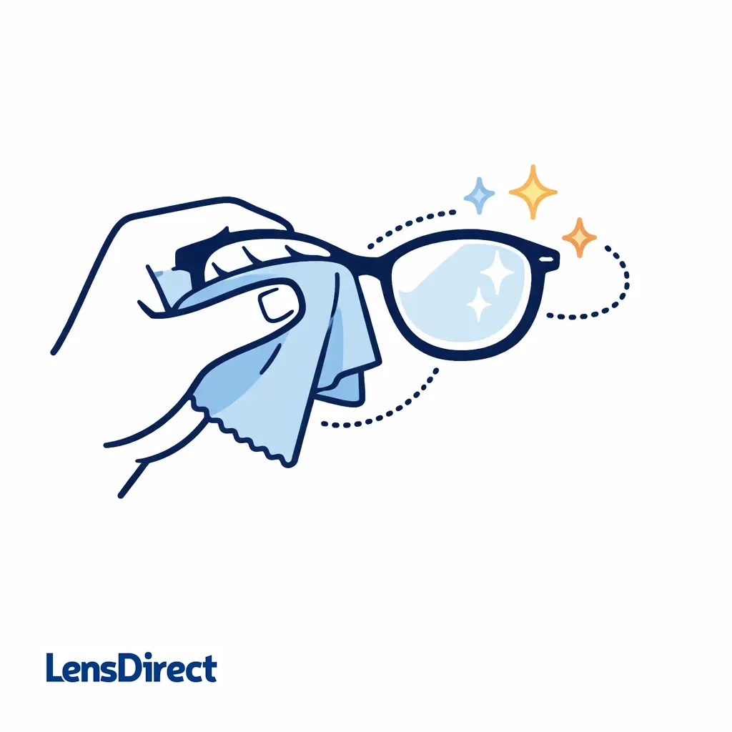 Hands clean eyeglasses with a microfiber cloth to remove dirt before applying anti fog treatment.