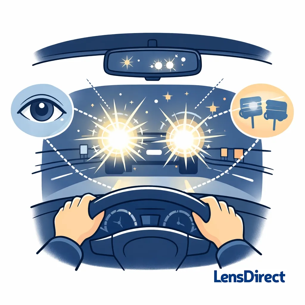 Minimal line art showing a driver’s view with bright headlights causing halos and starburst glare at night.