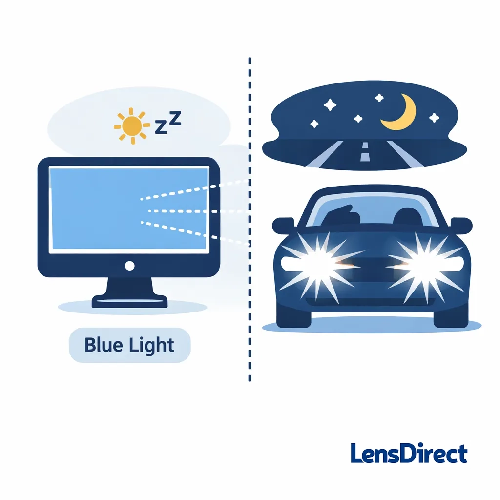 Yellow tinted glasses next to a caution sign illustrating the darkening effect at night.