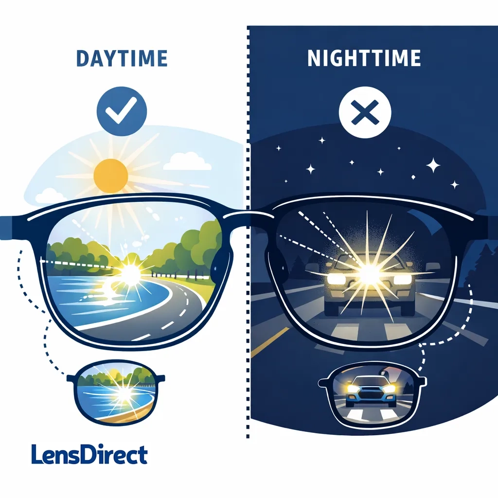 Split scene showing polarized lenses reducing daytime reflections but not helping with nighttime headlight glare.