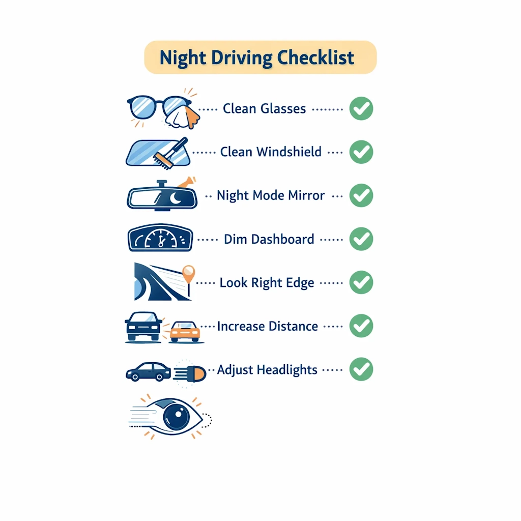 Vertical checklist with icons for cleaning glasses and windshield, night mirror mode, dimming dashboard, gaze technique, following distance, and headlight alignment.