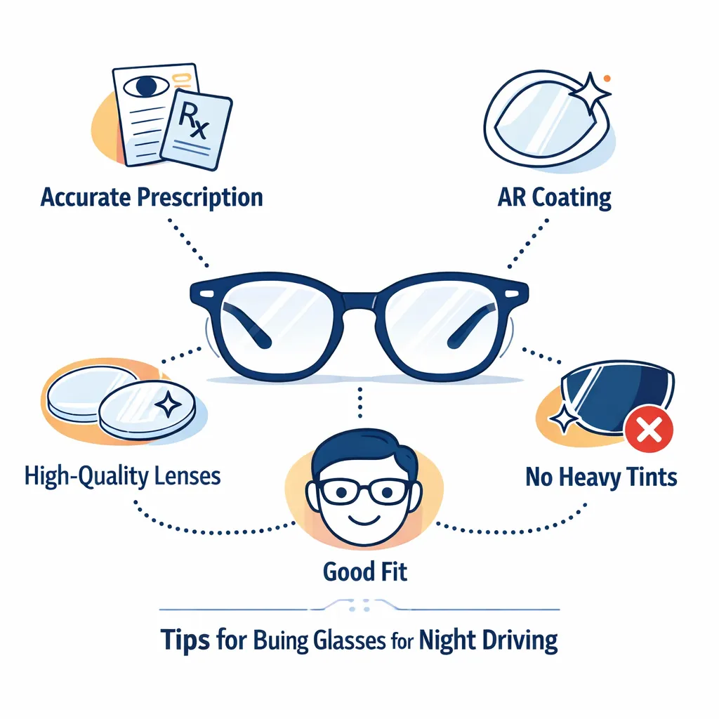 Illustration of glasses with dotted lines connecting to icons for accurate prescription, anti‑reflective coating, high‑quality lenses, good fit, and avoiding heavy tints.