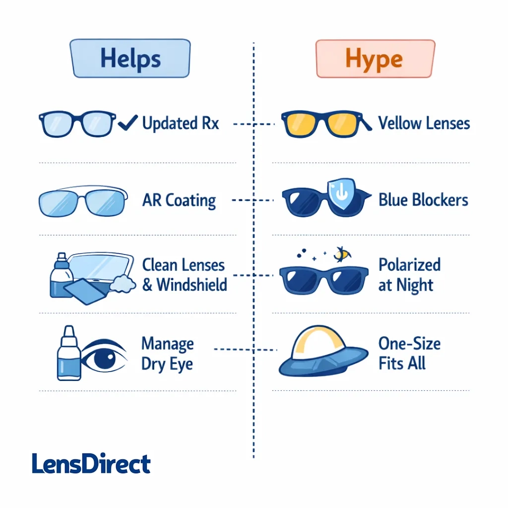 Two column graphic contrasting helpful solutions like updated prescription and AR coating with hype items like yellow lenses and blue blockers.