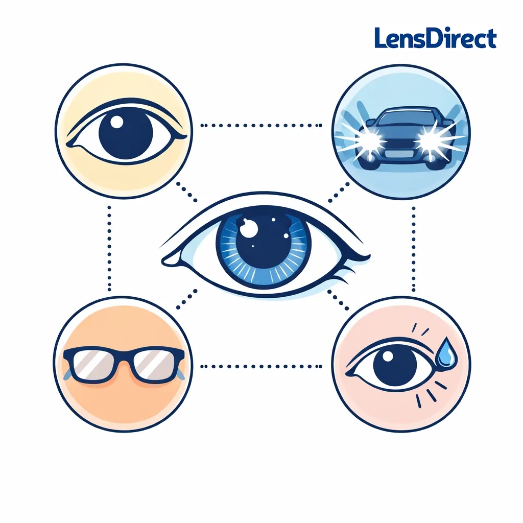 Infographic with icons for dilated pupils, LED headlights, blurred vision, and dry eyes connected to a central eye.